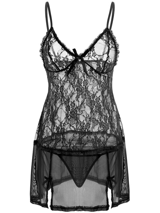 Ensemble pyjama sexy avec bretelles en dentelle, chemise de nuit tentation