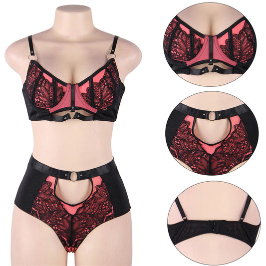 Grand ensemble de soutien-gorge sexy en satin rose sexy avec coutures en dentelle