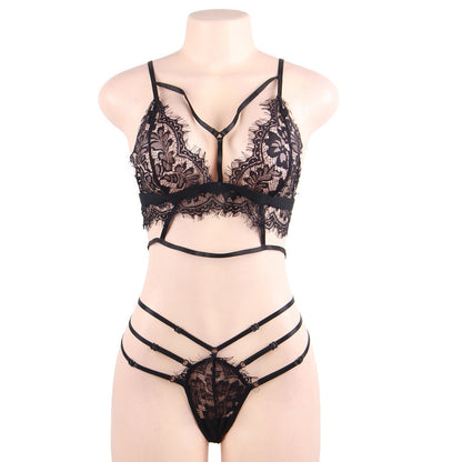 2019 European And American  Lingerie Ladies Sexy Eyelash Perspective strap Three-point Two-piece Set