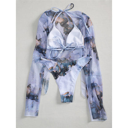 Ensemble trois pièces châle sexy à motif marbré tendance