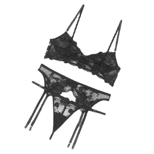 Soutien-gorge brodé en dentelle, culotte, porte-jarretelles, costume trois pièces, lingerie sexy, femme