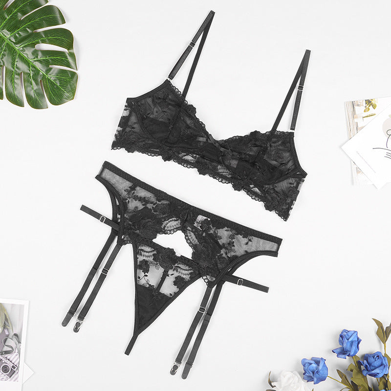 Soutien-gorge brodé en dentelle, culotte, porte-jarretelles, costume trois pièces, lingerie sexy, femme