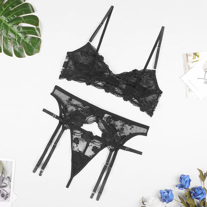 Soutien-gorge brodé en dentelle, culotte, porte-jarretelles, costume trois pièces, lingerie sexy, femme
