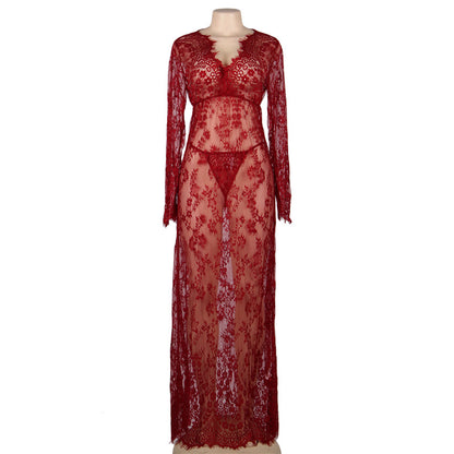 European And American Sexy Lingerie Plant Flower Hollow Eyelashes Perspective Lace Long-sleeved One-piece Dress