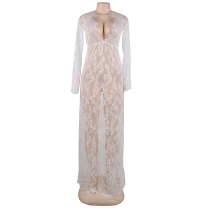 European And American Sexy Lingerie Plant Flower Hollow Eyelashes Perspective Lace Long-sleeved One-piece Dress