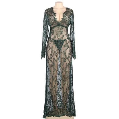 European And American Sexy Lingerie Plant Flower Hollow Eyelashes Perspective Lace Long-sleeved One-piece Dress