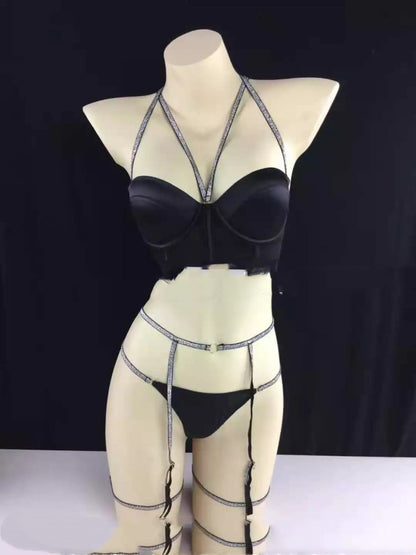 Lencería sexy Encaje sexy Diamante intermitente Sujetador de tres puntos Comercio exterior Pijamas sexy