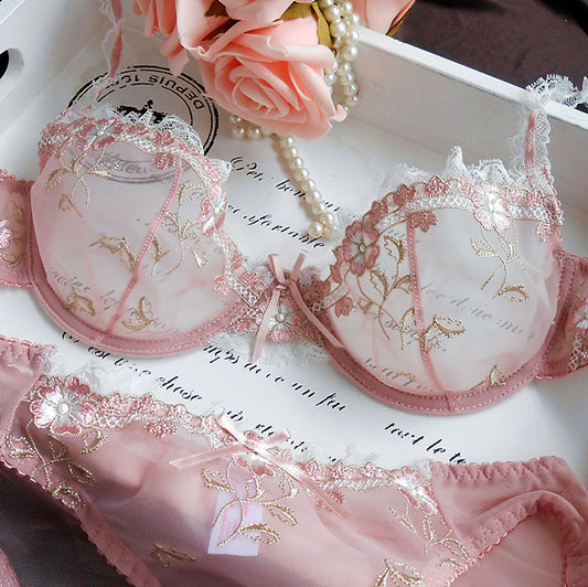 Soutien-gorge à coupe ultra-fine Xianmei racine de lotus broderie rose nouvel ensemble de soutien-gorge transparent sexy