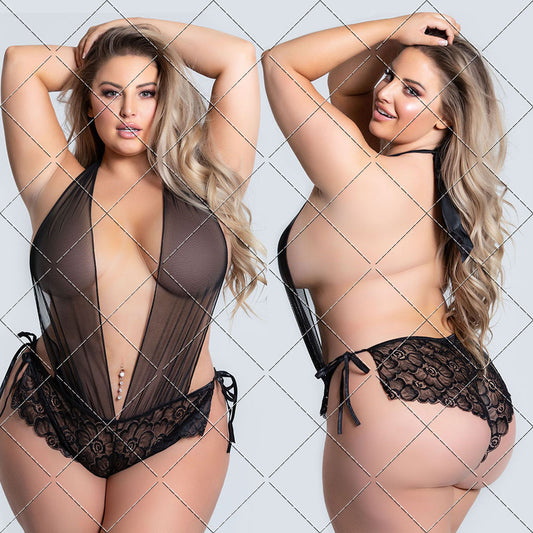 Lingerie Sexy grande taille pour femmes, dentelle transparente, collant une pièce, chemise de nuit
