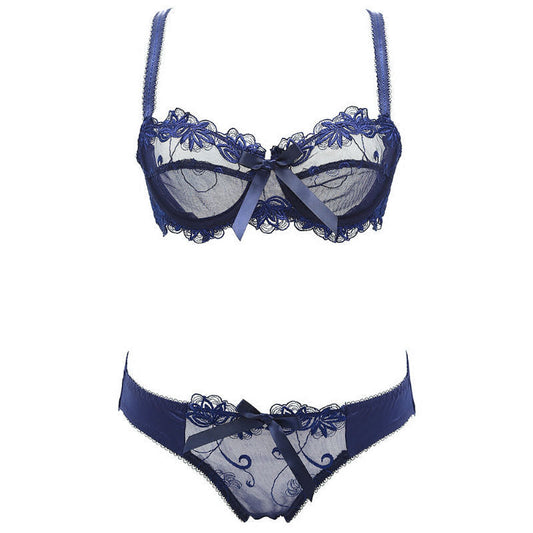 Sous-vêtements sexy européens et américains sans coussinet de poitrine, ensemble de soutien-gorge en maille froncée en dentelle ultra fine, culotte de sous-vêtements réglable de grande taille