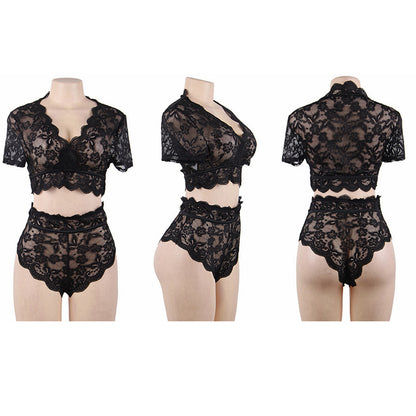 Comeondear-Conjunto de cintura alta para Mujer, ropa interior transparente, Bralette de manga corta, Encaje, ropa interior transparente