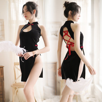 Gorgeous New Sexy Lingerie Gold Velvet Retro Cheongsam, Back Straps, Sexy Hollow Uniform Wholesale