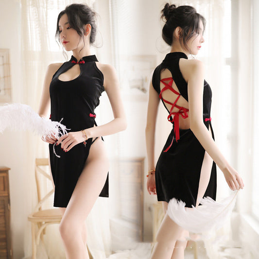 Gorgeous New Sexy Lingerie Gold Velvet Retro Cheongsam, Back Straps, Sexy Hollow Uniform Wholesale