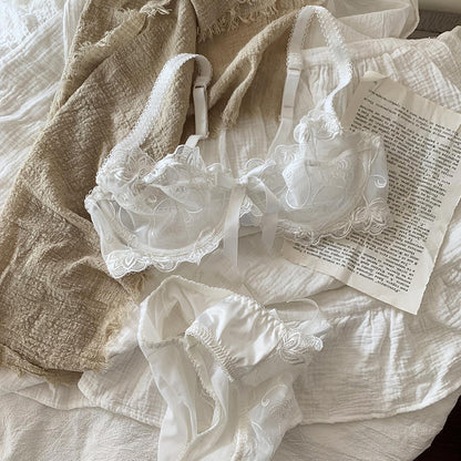 Sous-vêtements sexy européens et américains sans coussinet de poitrine, ensemble de soutien-gorge en maille froncée en dentelle ultra fine, culotte de sous-vêtements réglable de grande taille