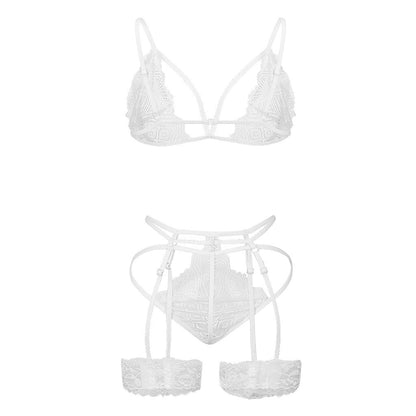 Conjunto de pijama de encaje sexy bikini de tres puntos de lencería sexy