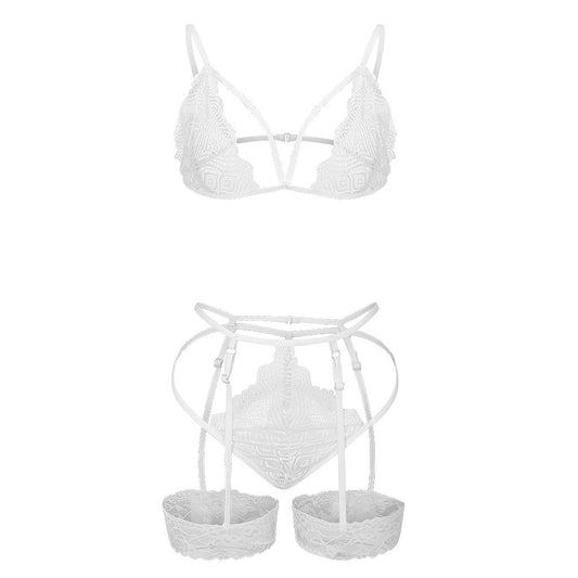 Conjunto de pijama de encaje sexy bikini de tres puntos de lencería sexy