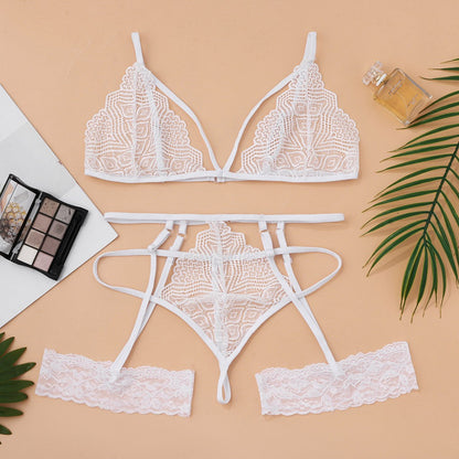 Conjunto de pijama de encaje sexy bikini de tres puntos de lencería sexy