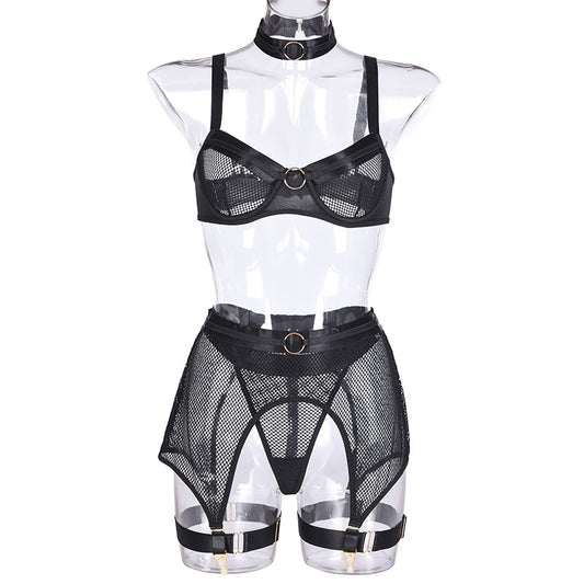 European And American Sexy Lingerie Four-Piece Mesh Iron Ring Stitching Collar Sexy Ladies Underwear