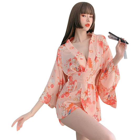 Conjunto de camisón de kimono sexy con vendaje estampado japonés de lencería sexy