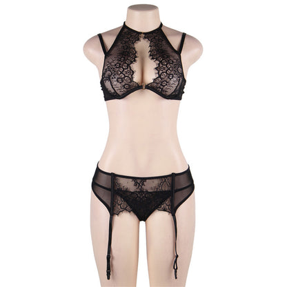 Comeonlover-Conjunto de ropa interior de lencería 5XL, sujetador transparente de encaje para mujer, conjunto de liga, sin aros, 3 uds., conjunto de sujetador, liga y bragas RE80527