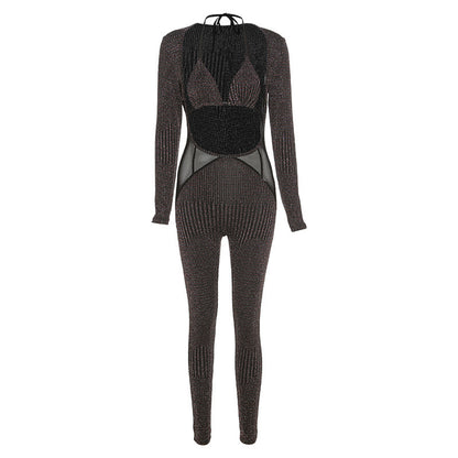 Combinaison Sexy en maille transparente pour femmes, ensemble de gilet ajouré à manches longues