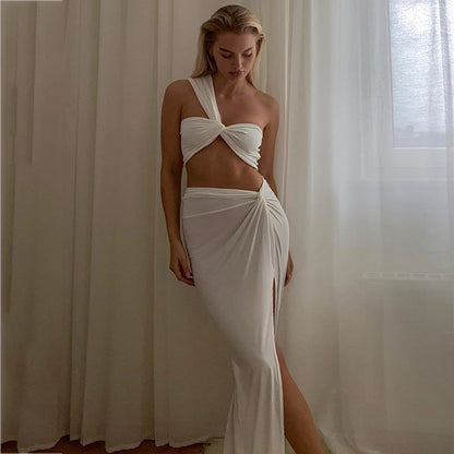 NewAsia Sexy haut court côté fendu jupes longues deux pièces ensemble femmes torsion une épaule 2 pièces ensembles été blanc vêtements de fête