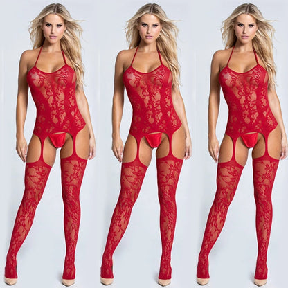Jacquard Sexy Lingerie Temptation Ladies Transparent Hollow Vest-Style One-Piece Fishnet Stockings Net Shirt