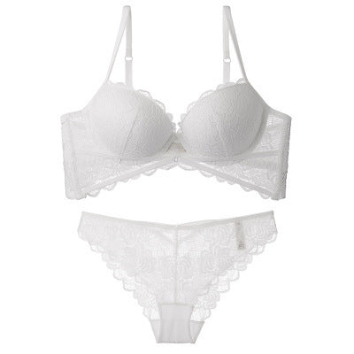 Conjunto de ropa interior de encaje sexy, ropa interior de sujetador de niña de flores hueca gruesa superior e inferior delgada