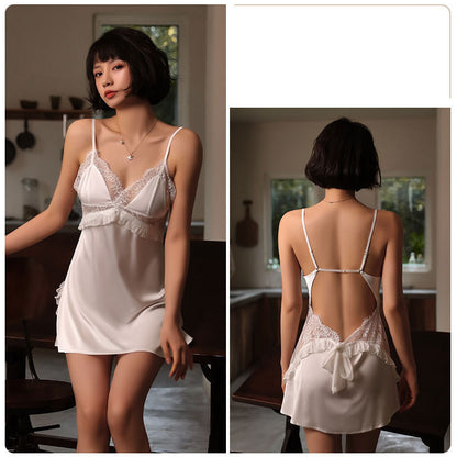 Pyjama Sexy pour femmes, ensemble de chemise de nuit en dentelle avec coutures en V profond, col licou croisé, bretelles