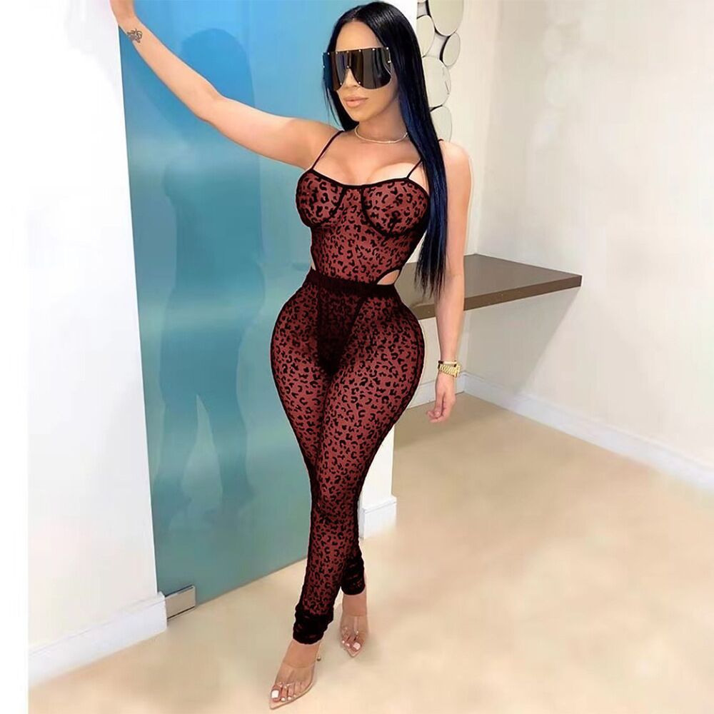 Conjunto de 2 piezas de mono sexy transparente de malla para mujer
