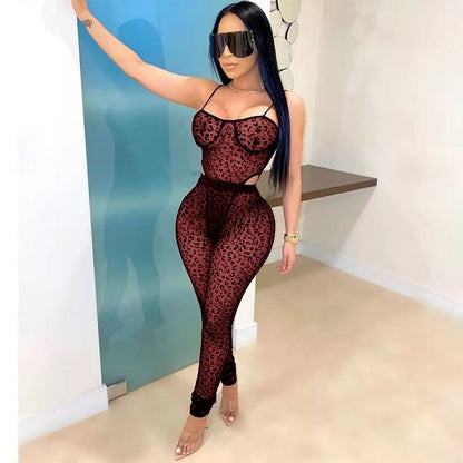 Conjunto de 2 piezas de mono sexy transparente de malla para mujer