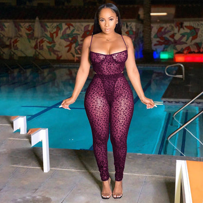 Conjunto de 2 piezas de mono sexy transparente de malla para mujer