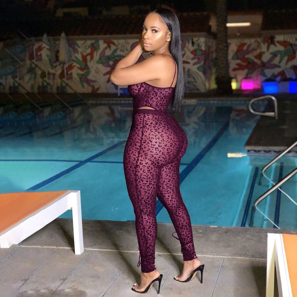 Conjunto de 2 piezas de mono sexy transparente de malla para mujer