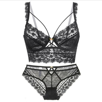 Conjunto de sujetador sexy ultrafino sin esponja con bordado de encaje