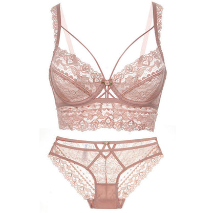 Conjunto de sujetador sexy ultrafino sin esponja con bordado de encaje