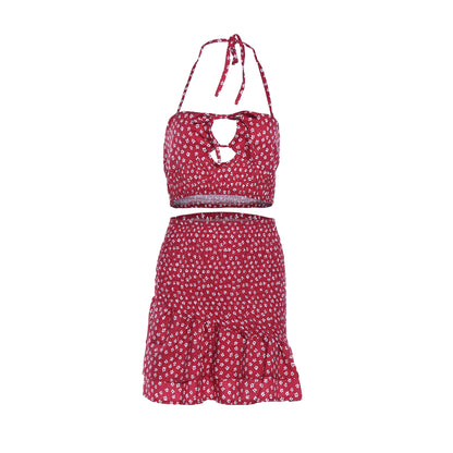 Conjunto de falda floral plisada de dos piezas con top camisola halter sexy