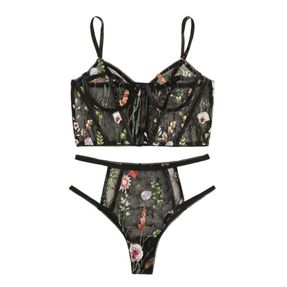 Conjunto de lencería Sexy para mujer, conjunto de ropa interior de malla transparente con bordado Floral, conjunto de sujetador tentador sin costuras y bragas, 2 uds.