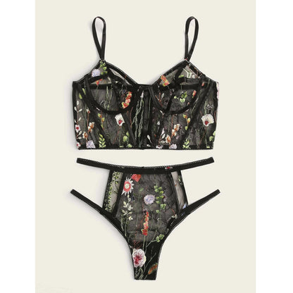 Conjunto de lencería Sexy para mujer, conjunto de ropa interior de malla transparente con bordado Floral, conjunto de sujetador tentador sin costuras y bragas, 2 uds.