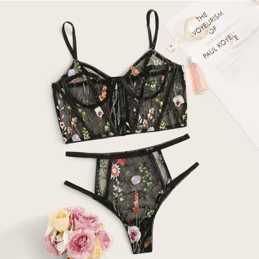 Conjunto de lencería Sexy para mujer, conjunto de ropa interior de malla transparente con bordado Floral, conjunto de sujetador tentador sin costuras y bragas, 2 uds.