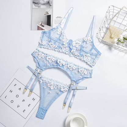 Bague en acier brodée en trois pièces pour dames, lingerie sexy