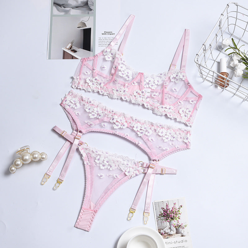 Bague en acier brodée en trois pièces pour dames, lingerie sexy