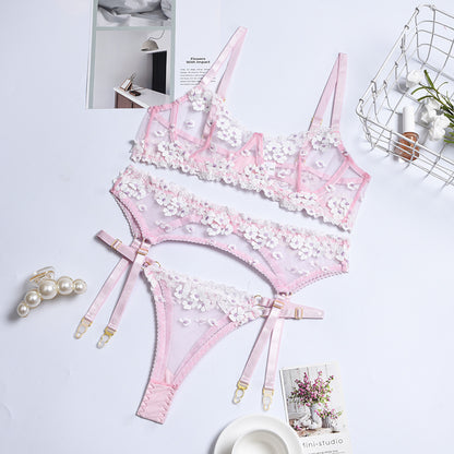 Bague en acier brodée en trois pièces pour dames, lingerie sexy