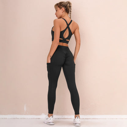 Conjunto de yoga con sujetador trasero de belleza sexy de nailon de doble cara