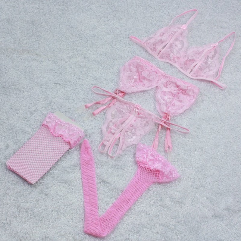 Lencería sexy Ropa interior de gasa Ropa de dormir Lencería Sujetador caliente Conjunto de liga con tanga
