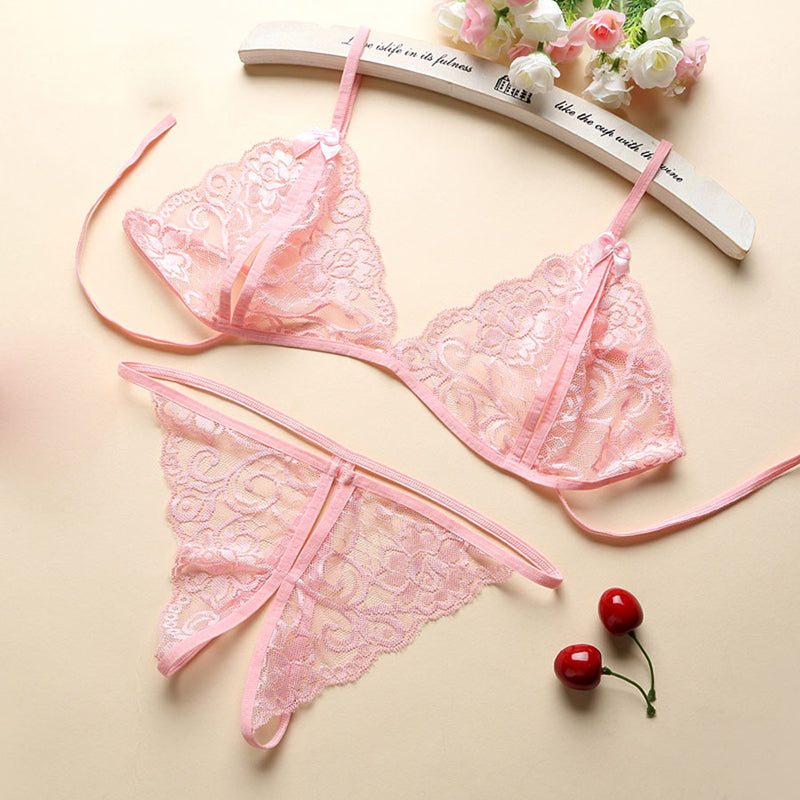 Lencería sexy Ropa interior de gasa Ropa de dormir Lencería Sujetador caliente Conjunto de liga con tanga