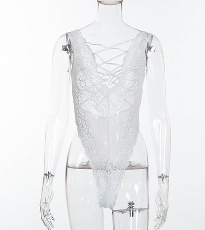Traje de seducción de una pieza con perspectiva de encaje blanco de lencería sexy