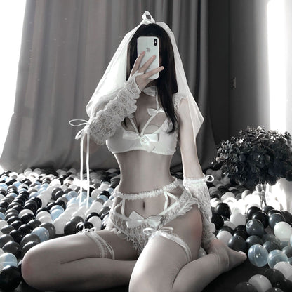 Nueva lencería sexy Vestido de novia de encaje de tres puntos sexy con lazo sin pecho