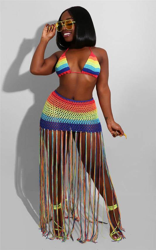 Ensemble 2 pièces sexy avec pompon au crochet arc-en-ciel