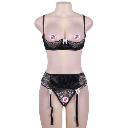 Plus Size Sexy Lingerie Women Sexy Lace Cutout Three Point Garter Bra Set with Steel Ring