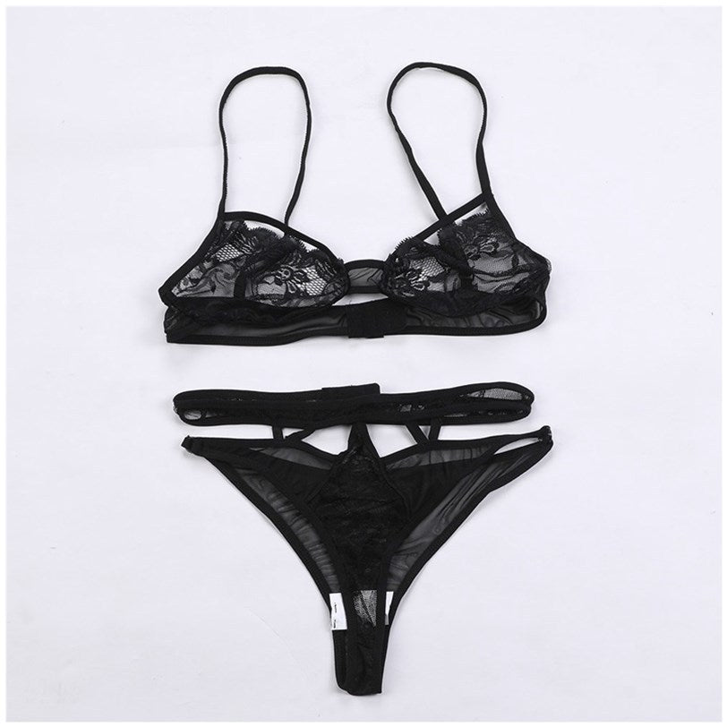 Costume deux pièces fendu haut et bas, lingerie sexy ajourée